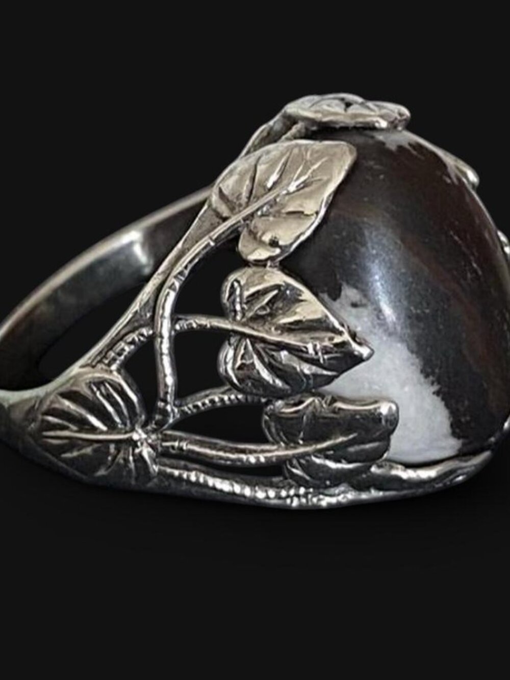 925 Sterling Silver Ivy Leaves Ring Sz 8 Agate Jasper Stone Cabochon Whimsigoth